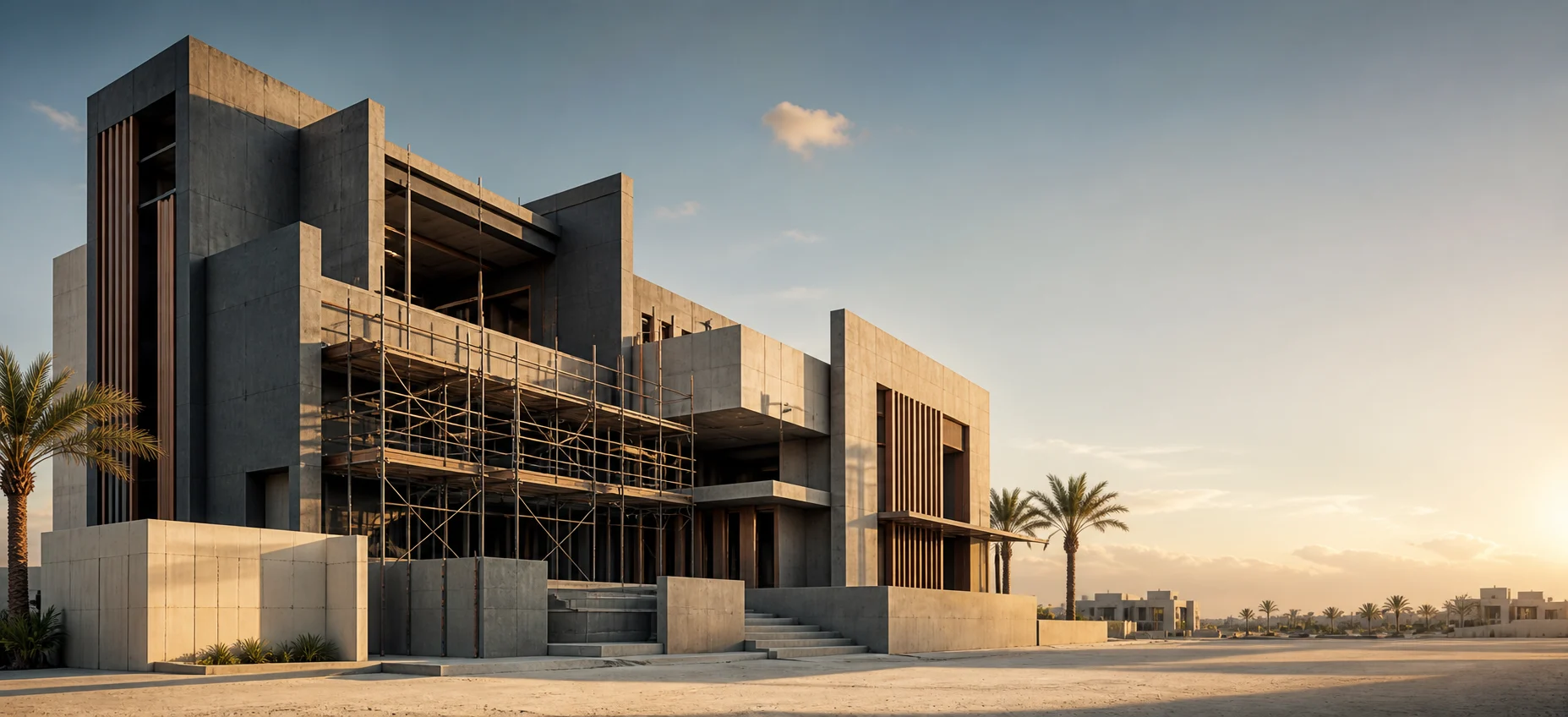 AI-generated conceptual architectural visual of a contemporary Kuwaiti villa under construction